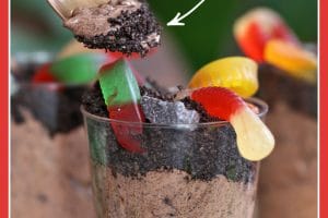 Photo of Worms and Dirt Pudding Cups with text overlay for Pinterest.