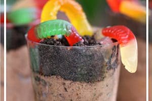 Photo of Worms and Dirt Pudding Cups with text overlay for Pinterest.