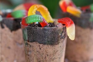 Photo of Worms and Dirt Pudding Cups with text overlay for Pinterest.