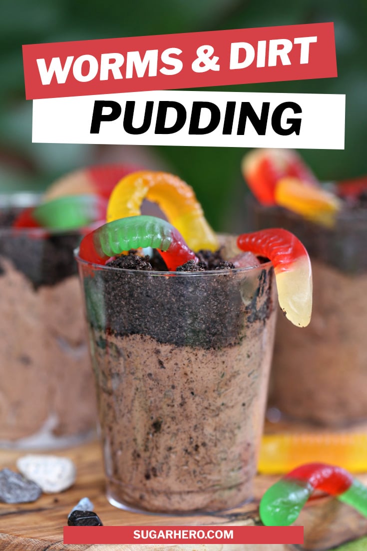 Picture of dirt pudding cups with overlaid text for Pinterest