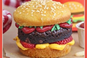 Photo of Hamburger Cupcakes with text overlay for Pinterest.