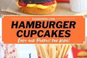 Two photo collage of Hamburger Cupcakes with text overlay for Pinterest.