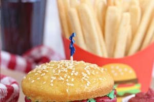 Photo of Hamburger Cupcakes with text overlay for Pinterest.