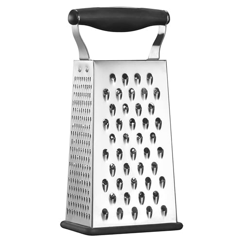 silver box grater on white background