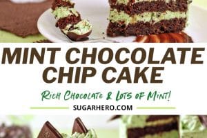 Two photo collage of Mint Chocolate Chip Layer Cake with text overlay for Pinterest