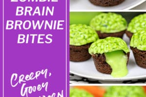 3 photo collage of Zombie Brain Brownie Bites with text overlay for Pinterest.