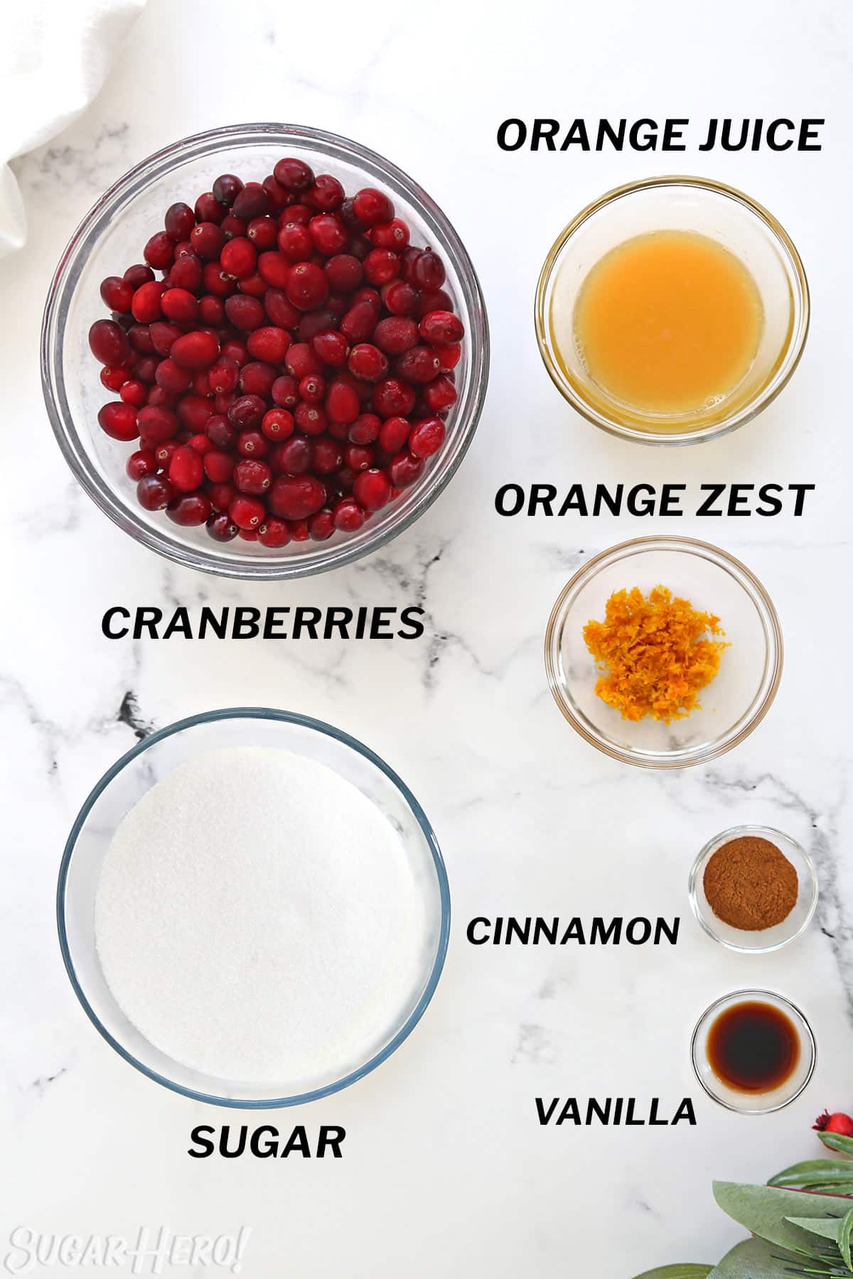 Overhead shot of ingredients for homemade cranberry sauce.