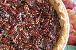 Overhead shot of Deep Dish Pecan Pie with overlay text for Pinterest