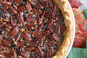 Overhead shot of Deep Dish Pecan Pie with overlay text for Pinterest