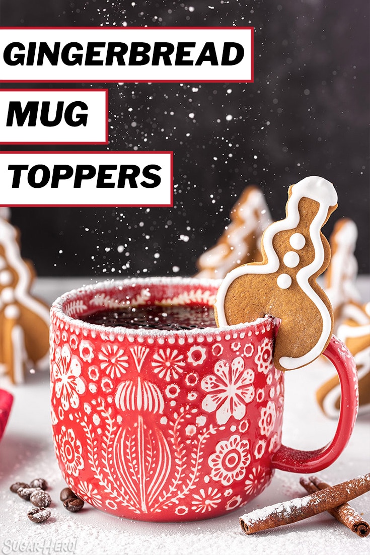 Snowman-shaped Gingerbread Cookie Mug Topper on a red mug with overlay text for Pinterest