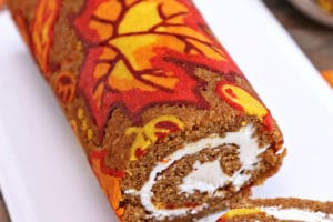 Pumpkin Roll picture with text overlay for Pinterest.
