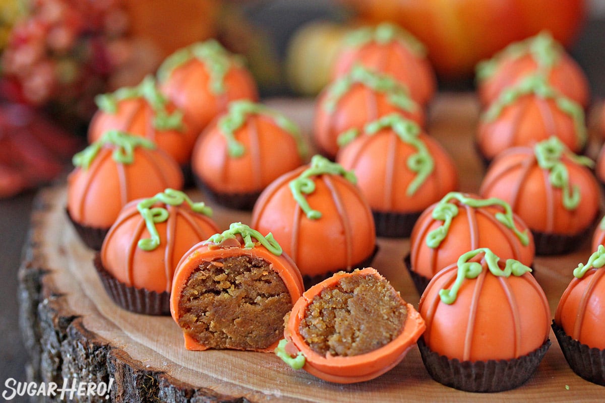 Pumpkin Bread Truffles with one cut open to show interior