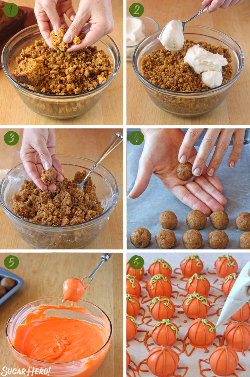 Six-photo collage showing how to make Pumpkin Bread Truffles