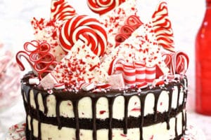 Picture of Candy Cane Mousse Cake with chocolate cake layers and overlay text for Pinterest