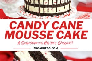 Two photo collage of Candy Cane Mousse Cake with chocolate cake layers and overlay text for Pinterest