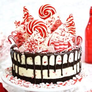 Candy Cane Mousse Cake on a white cake plate surrounded by crushed candy canes.
