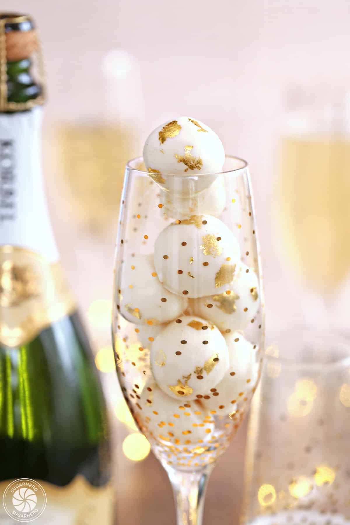 Champagne White Chocolate Truffles in a gold-dotted champagne flute
