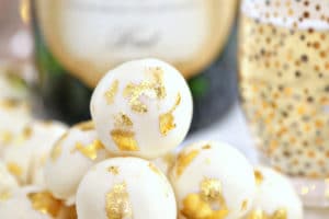 Champagne White Chocolate Truffles picture with overlay text for Pinterest