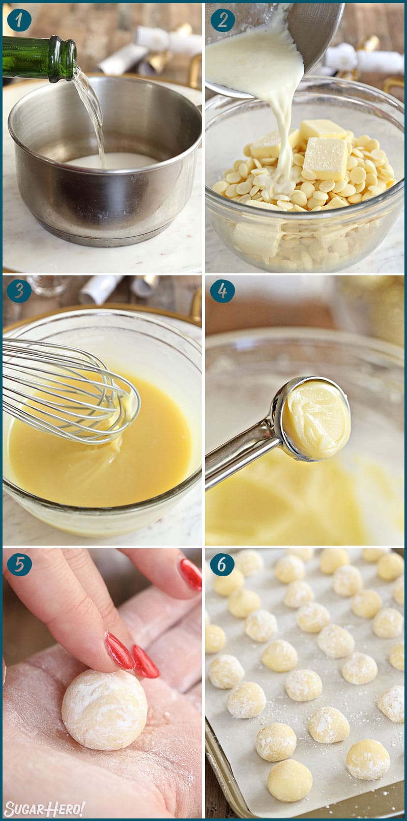 Six photo collage showing the steps to make Champagne White Chocolate Truffles