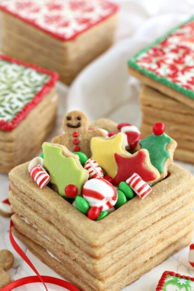 Close up of Edible Christmas Cookie Boxes on a white surface.