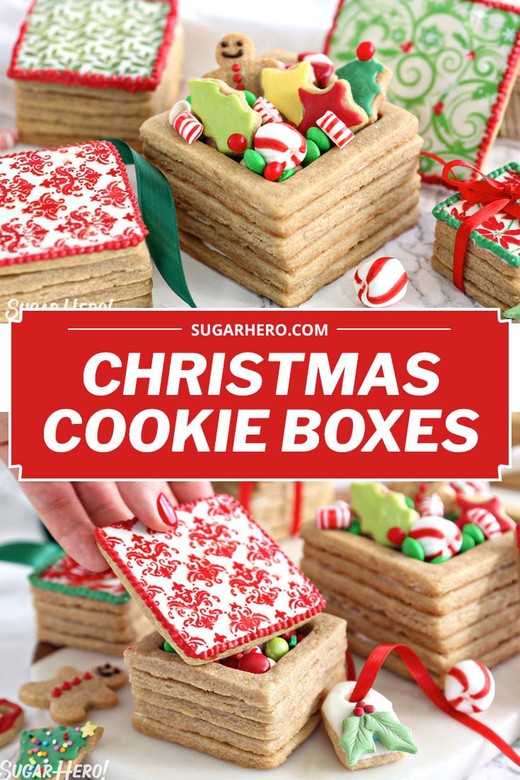 Two photo collage showing Edible Christmas Cookie Boxes with text overlay for Pinterest
