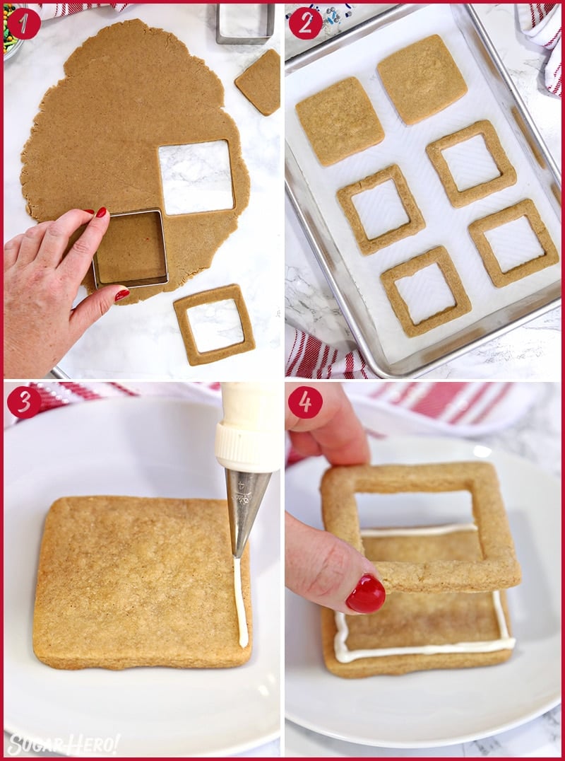 Four photo collage showing how to bake and assemble Edible Christmas Cookie Boxes