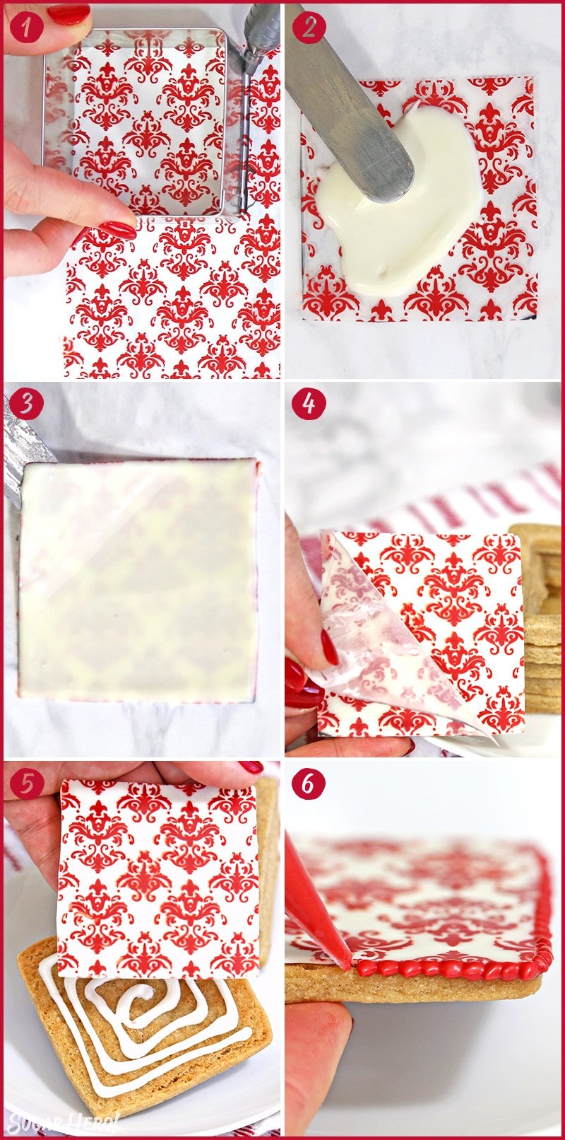 Six photo collage showing how to assemble and decorate Edible Christmas Cookie Boxes