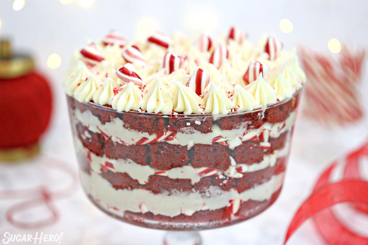 Red Velvet Trifle with peppermint cream cheese and candy cane pieces on top