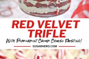 Collage of two Red Velvet Trifle picture with text overlay for Pinterest