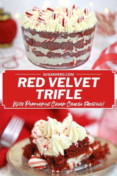 Collage of two Red Velvet Trifle pictures with text overlay for Pinterest
