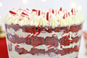 Red Velvet Trifle picture with text overlay for Pinterest