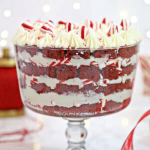 Red Velvet Trifle in a clear trifle bowl.