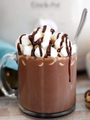 Slow Cooker Hot Chocolate with mini marshmallows on top