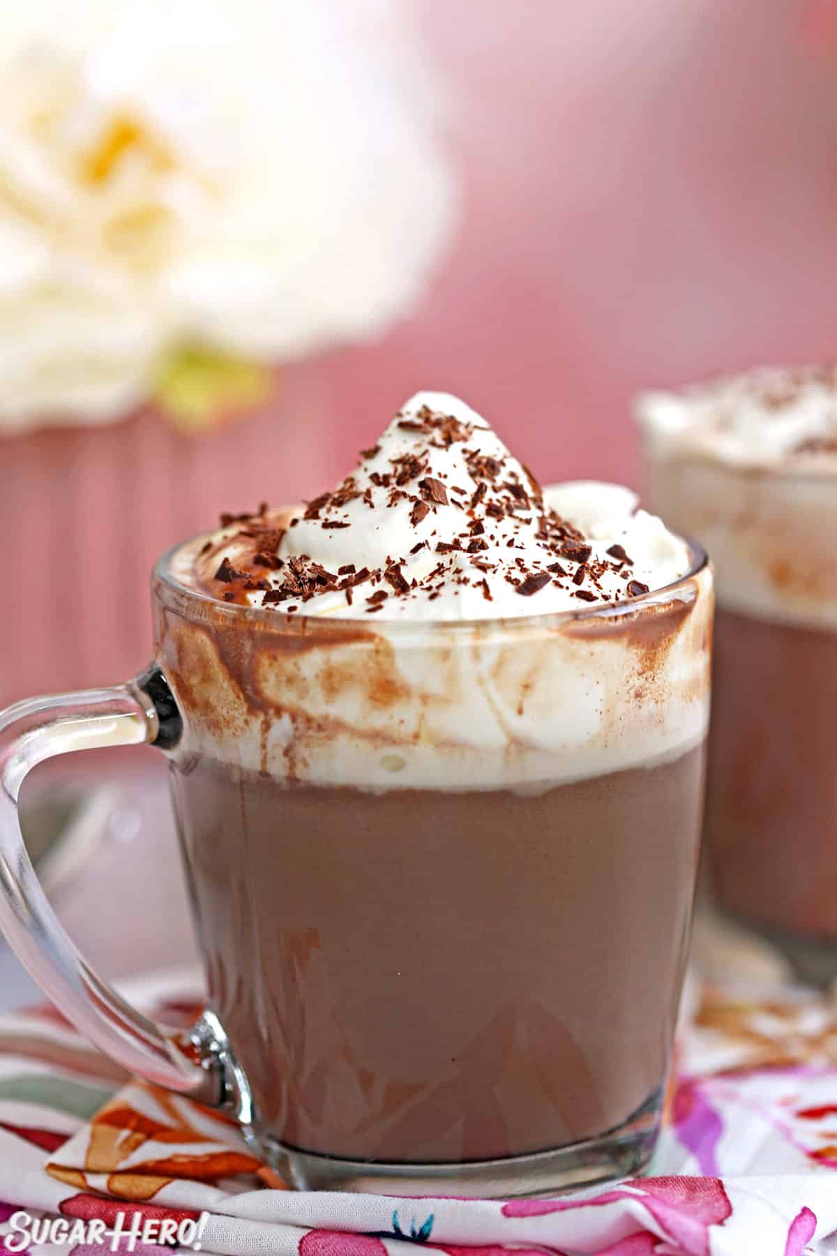 Slow Cooker Hot Chocolate in a glass mug with whipped cream on top