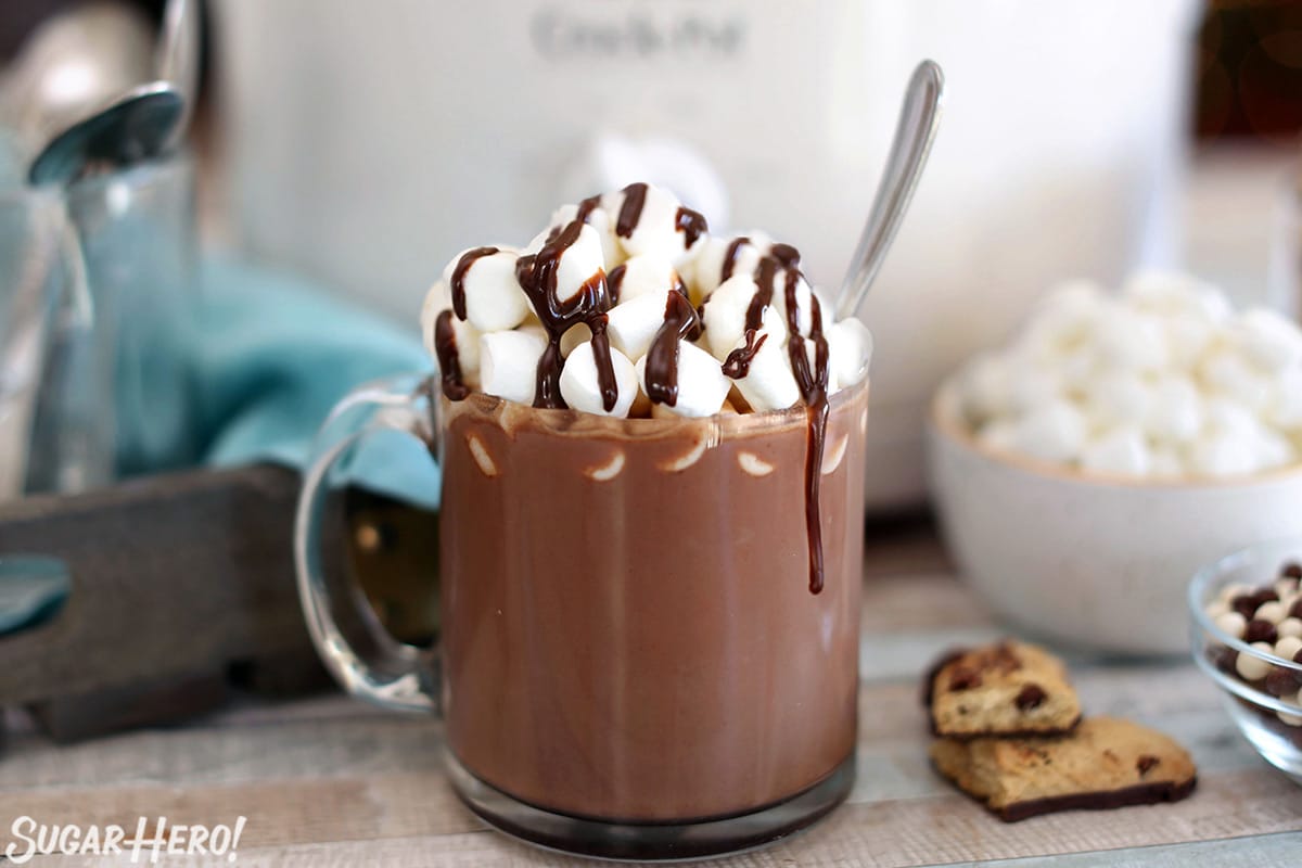 Slow Cooker Hot Chocolate with mini marshmallows on top