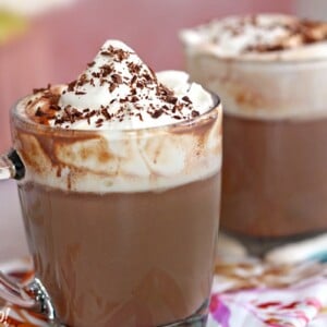 Slow Cooker Hot Chocolate in a glass mug with whipped cream and shaved chocolate on top