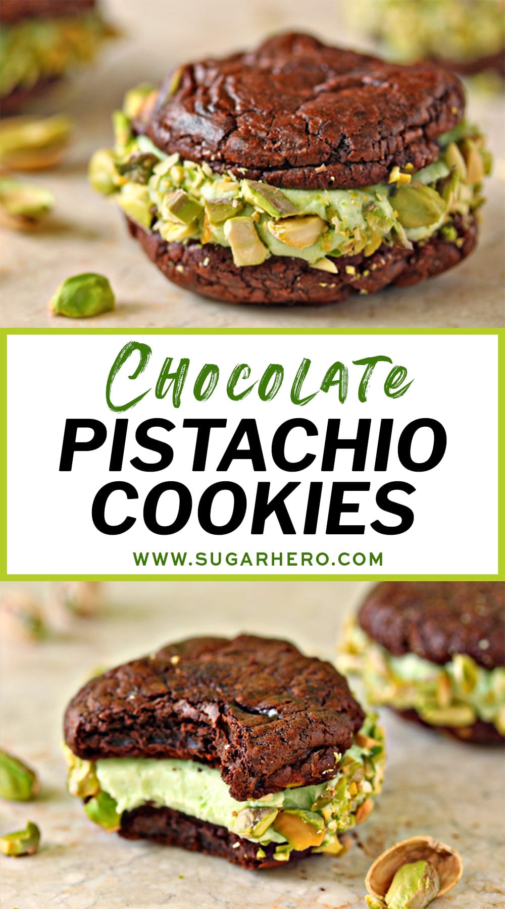 2-photo collage of Chocolate Pistachio Sandwich Cookies with text overlay for Pinterest