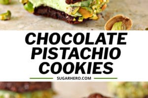 2-photo collage of Chocolate Pistachio Sandwich Cookies with text overlay for Pinterest