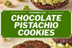 2-photo collage of Chocolate Pistachio Sandwich Cookies with text overlay for Pinterest