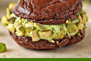 Chocolate Pistachio Sandwich Cookie picture with text overlay for Pinterest