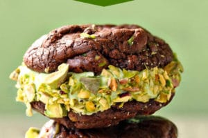 Chocolate Pistachio Sandwich Cookie picture with text overlay for Pinterest