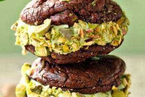 Chocolate Pistachio Sandwich Cookie picture with text overlay for Pinterest