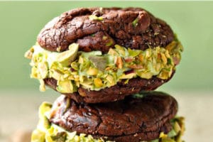 Chocolate Pistachio Sandwich Cookie picture with text overlay for Pinterest