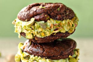 Chocolate Pistachio Sandwich Cookie picture with text overlay for Pinterest