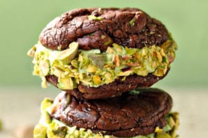 Chocolate Pistachio Sandwich Cookie picture with text overlay for Pinterest