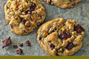 Pistachio Chocolate Chunk Cookies with text overlay for Pinterest