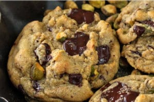 Pistachio Chocolate Chunk Cookies with text overlay for Pinterest