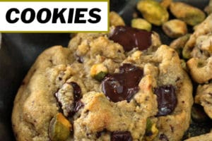 Close-up of Pistachio Chocolate Chunk Cookies with text overlay for Pinterest
