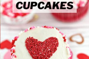 Photo of Sprinkle Heart Cupcakes with text overlay for Pinterest