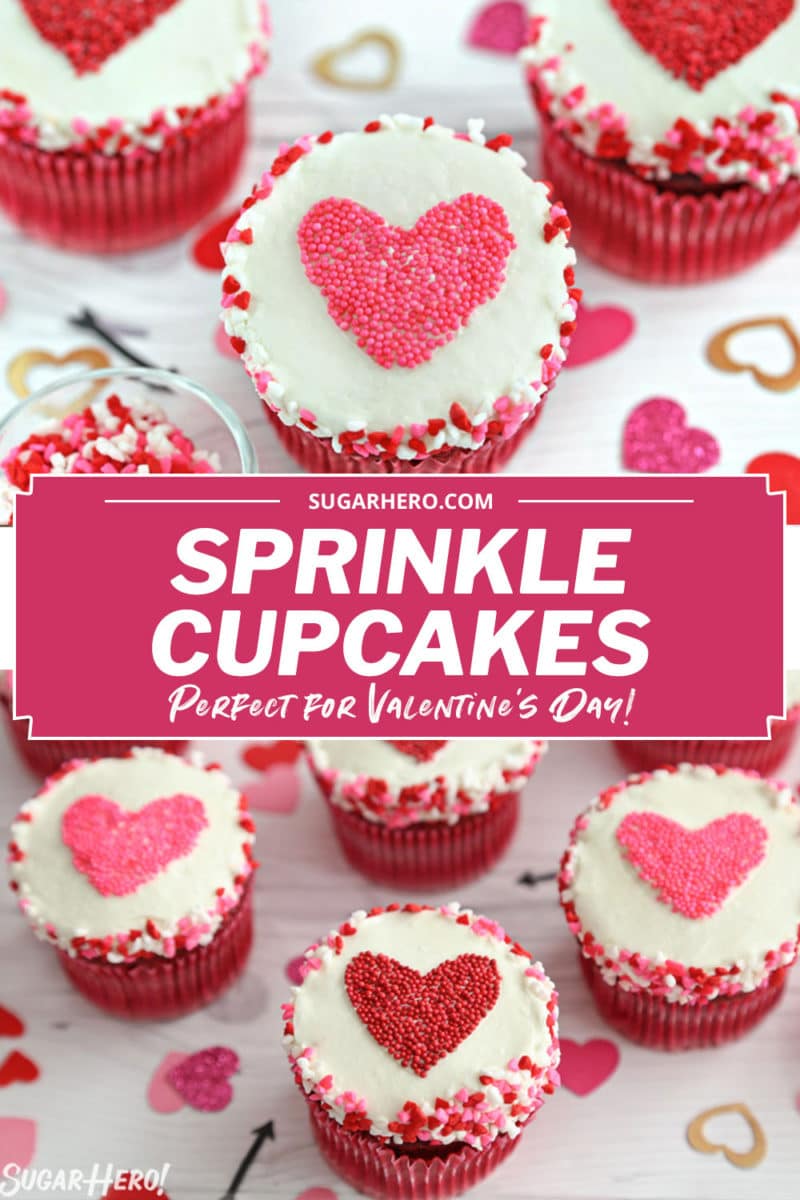 2-photo collage of Sprinkle Heart Cupcakes with text overlay for Pinterest